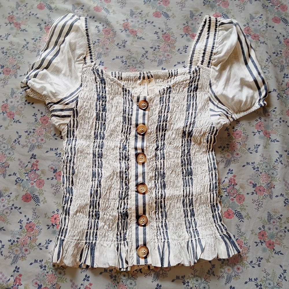 Navy Striped Smocked Puff Sleeve Blouse